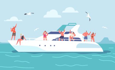 Yaz tatili, Deniz Gezisi. Okyanusta Lüks Yatta Rahatlayan Genç İnsanlar. Mutlu Erkek ve Kadın Karakterler Gemide Dinleniyor, Kokteyl İçiyor ve Güneş Banyosu Yapıyor. Çizgi film Vektör İllüstrasyonu