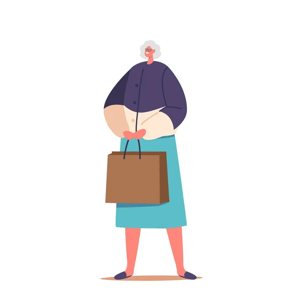 Happy Senior Woman Shopping Bag Cheerful Female Character Αγορά Supermarket — Διανυσματικό Αρχείο