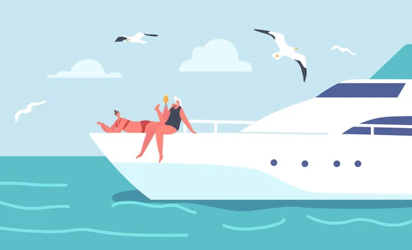 夏のクルーズ アクアティックツアー 海で豪華ヨットで旅する女性キャラクター 幸せな女性はカクテルを飲む船のデッキに横たわって 夏休みに日光浴 漫画ベクターイラスト — ストックベクタ