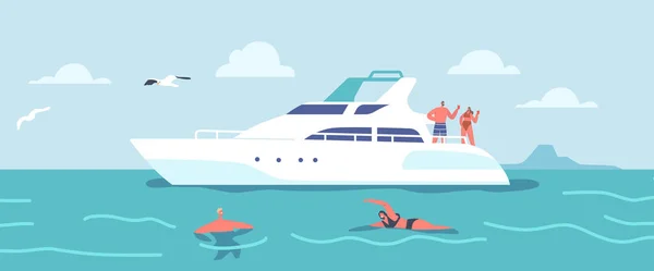 キャラクター夏は海で高級ヨットに乗り 海で泳いでいる男女 船のデッキでカクテルを飲む男 夏のクルーズで日光浴 漫画人ベクトルイラスト — ストックベクタ