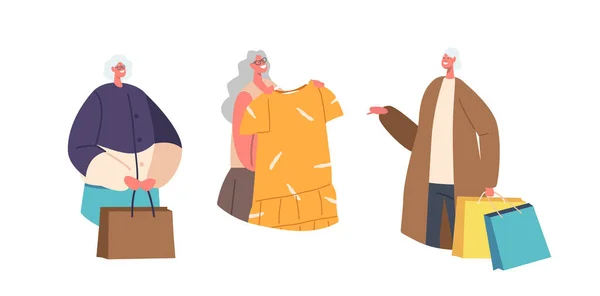 Happy Senior Personnages Féminins Shopping Loisirs Icônes Avatars Consommation Prix — Image vectorielle