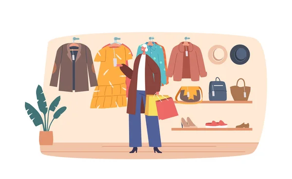 Senior Female Character Choose on Clothes in Store, Aged Woman Look on New Dress Stand near Hangers in Fashioned Apparel Shop. Old Lady Shopping Sparetime. Cartoon Vector Illustration