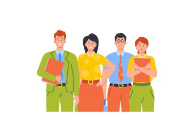 Neşeli İş Adamları kuyrukta bekliyor. Takım Lideri Mükemmel Takım Çalışması Grubu. İş adamları ve İş Kadınları, Erkek Karakterler Yaratıcı Başarılı Ofis Çalışanları. Çizgi film Vektör İllüstrasyonu