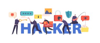 Hacker Concept, Cyber Criminals Phishing, Stealing Private Data, Credentials, Parola, Banka Belgesi, Karakterler Saldırısı E- posta ve Poster Afişi veya Flyer. Çizgi film Vektör İllüstrasyonu