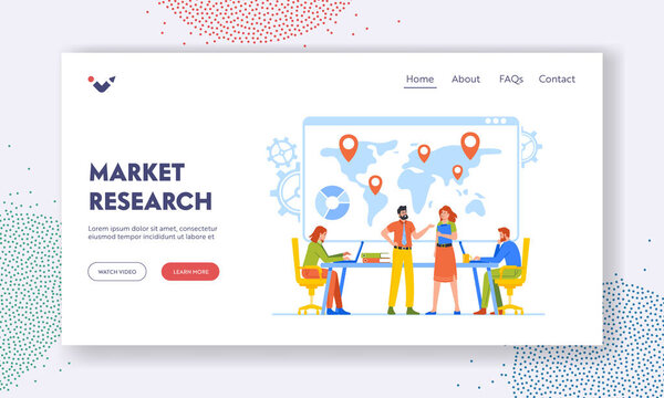 Market Research Landing Page Template. Creative Team Men and Women Projecting and Discuss New Project. Business People Think and Discussing Idea in Office with Map. Cartoon Vector Illustration