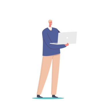 Erkek Karakter, dizüstü bilgisayarlı, beyaz arka planda tek başına duruyor. Freelancer, Programcı, Kodlayıcı. Tasarımcı veya Analist Çalışma Süreci, Öğrenci Çevrimiçi Eğitimi. Çizgi film Vektör İllüstrasyonu