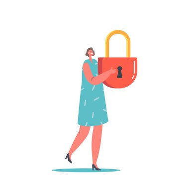 Beyaz Arkaplan 'da Büyük Asma Kilitli Küçük Kadın Karakteri. Kimlik bilgileri, internet güvenliği, hesap profili koruması, gizlilik konsepti. Çizgi film Vektör İllüstrasyonu