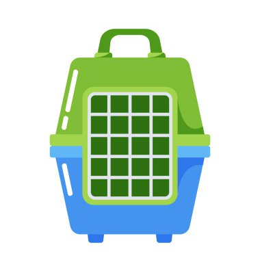 Kedi ya da Köpek için kafes, Hayvan için taşıyıcı aksesuar. Grid Door ile izole edilmiş plastik hücre. Hayvanlarla seyahat ya da veterineri ziyaret etmek için çanta taşımak, hayvanlar için kutu. Çizgi film Vektör İllüstrasyonu