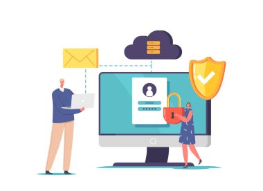 İnternet, Bilgisayar ve Hesap Koruma Konseptinde Kişisel Veri Güvenliği. Karakterler, Korunan Wifi Bağlantısı, PC Ekranı ve Asma kilit ve Kalkan ile Bilgisayar üzerinde çalışır. Çizgi film Vektör İllüstrasyonu