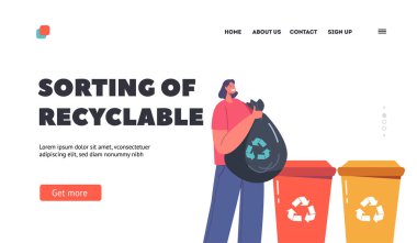 Geri Dönüşümlü Atık İniş Şablonu Sıralanıyor. Çöp tenekesine geri dönüşüm levhasıyla çöp atan kadın. Plastik Yeniden Kullanım Çözümü, Temizlik Süreci Konsepti. Çizgi film Vektör İllüstrasyonu