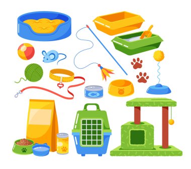 Kedi Aksesuarları, Kase ve Pakette Yemek, Oyuncaklar, Kafes ve Tırmalama Postası. Tasma, Pençe İzleri, Konserve Yemekler ve Kediler için Tuvalet İzleri. Çizgi film Vektör İllüstrasyonu