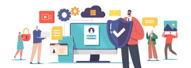 Siber Güvenlik, Bilgisayar Güvenliği, İnternet Gizliliği, Veri Koruması, Sanal Özel Ağ ve Bulut Depolama Konsepti. Dev Bilgisayar 'ın küçük karakterleri. Çizgi film İnsanları Vektör İllüstrasyonu