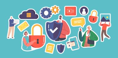 Çıkartmalar, Bilgisayar Güvenliği, İnternet Gizliliği, Veri Koruması, Sanal Özel Ağ ve Bulut Depolama Konsepti. Dev Bilgisayar 'ın küçük karakterleri. Çizgi film Vektör Yamaları