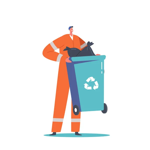 管理员男性角色穿着橙色制服和回收垃圾箱 用于对白色背景的废物进行分类 清洁城市服务 街头拾荒者 卡通人物矢量图解 — 图库矢量图片