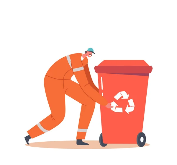 清掃サービスのコンセプト リサイクルリタービンとオレンジ制服のジャンター男性キャラクター 街の清掃員ゴミやゴミを収集し 廃棄物を分別する人々 漫画ベクターイラスト — ストックベクタ