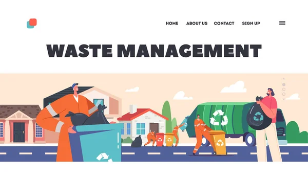 Gestione Dei Rifiuti Landing Page Template Scavengers Uniforme Collect Litter — Vettoriale Stock