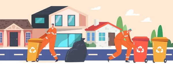 City Cleaning Service Zaměstnanci Uniformě Sbírání Vrhu Koše City Street — Stockový vektor