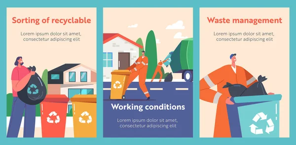 Waste Management Cartoon Banners Inglês Catadores Uniform Collect Litter Truck — Vetor de Stock