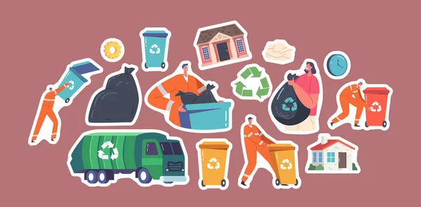 制服のステッカースカベンジャーのセットは トラックへの手紙を収集します ごみ袋を持つ女性 リサイクルビン 都市清掃サービス従業員のごみと廃棄物のリサイクル 漫画ベクトルパッチ — ストックベクタ