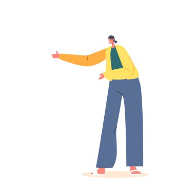 Mutlu Yüzlü Kadın Hareketli Kollarıyla Duruş Duruşu. Beyaz Arkaplan 'da günlük kıyafetlerle şık bir kadın karakteri, sarı gömlekli ve mavi pantolonlu. Çizgi film İnsanları Vektör İllüstrasyonu