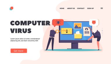 Bilgisayar Virüsü İniş Şablonu. Hacker Karakterleri Sahte Anahtar ve Levye ile Bilgisayar Hackliyor. Hırsızlar internetten para sızdırıyor, e-posta yolluyor, kişisel verileri çalıyor. Çizgi film İnsanları Vektör İllüstrasyonu
