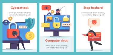 Şifre Phishing, Hacker Attack çizgi film afişleri. Hackerlar internetten kişisel veri çalıyorlar. Siber Güvenlik Konsepti. Dev PC Veri Çalma İnternetindeki Minik Bulgar Karakterleri. Vektör Resimleri, Posterler