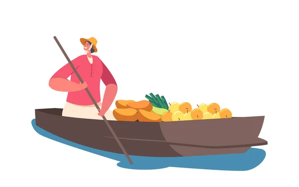 Saleswoman Character Wear Straw Hat Sell Buy Goods Float Boat — Stock Vector