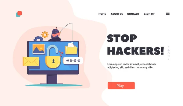 Hacker Attack Landing Page Template Inglés Pequeño Hacker Hombre Carácter — Vector de stock