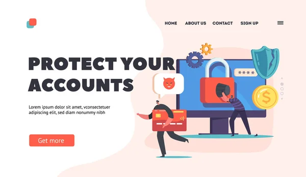 Plantilla Landing Page Protección Cuenta Tiny Hackers Hacking Tarjeta Crédito — Archivo Imágenes Vectoriales