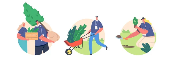 Personajes Voluntarios Cultivando Árboles Cuidado Plantas Verdes Iconos Redondos Aislados — Vector de stock