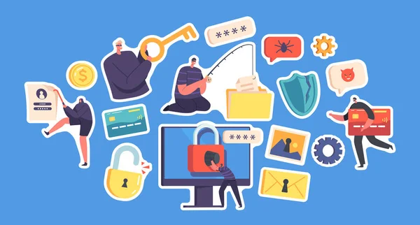 Set Stickers Hacker Attack Phishing Stealing Personal Data Spoofing Internet — стоковий вектор