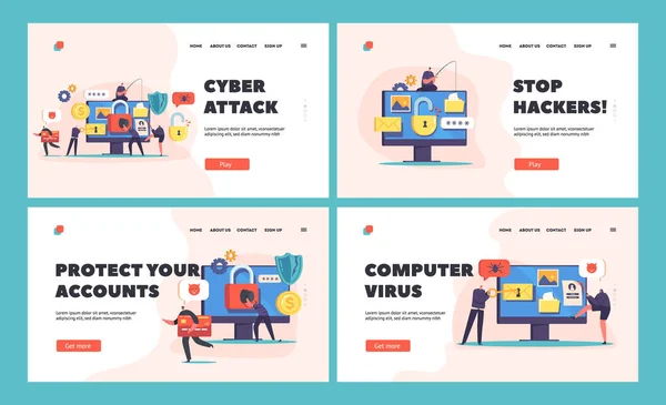 Cyber Attack Landing Page Template Set Hacker Phishing Krádež Osobních — Stockový vektor