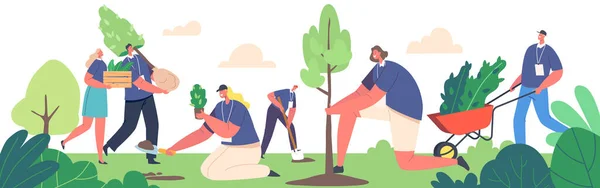 Vrijwilliger Karakters Zaailingen Planten Bomen Kweken Mensen Die Tuin Werken — Stockvector