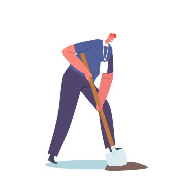 Gönüllü Kazma Toprağı Kürekle Beyaz Arkaplanda İzole Edildi. Aktivist Karakter Kurtarma Doğa, Çevre Bakımı ve Dünya Günü kavramı. Ağaç Diken Adam 'dan Yerlere. Çizgi film Vektör İllüstrasyonu