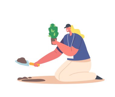 Gönüllü ekim ağacından toprağa, Kadın Karakter Kurtarma Doğası Beyaz Arkaplan 'da izole edildi. Çevre Bakımı ve Dünya Günü, Çevre Koruma Konsepti. Çizgi film İnsanları Vektör İllüstrasyonu