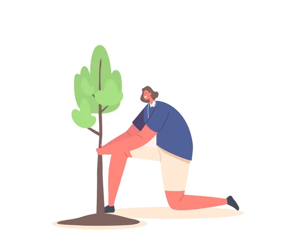 ボランティアキャラクター自然生態学的概念 地球温暖化 環境ケア 地球の日を救う 白い背景に隔離された地面に木を植える女性 漫画人ベクトルイラスト — ストックベクタ