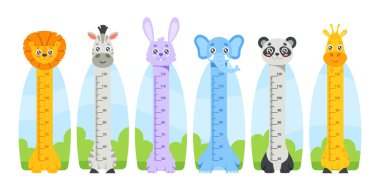 Sevimli Aslan, Zebra, Tavşan, Fil, Panda, Zürafa Hayvanları Karakterleri ile Çocuk Yükseklik Çizelgesi. Çocuk Yetiştirme Metresi, Yükseklik Ölçümleri İçin Duvardaki Çıkartma Komikliği. Çizgi film Vektör İllüstrasyonu