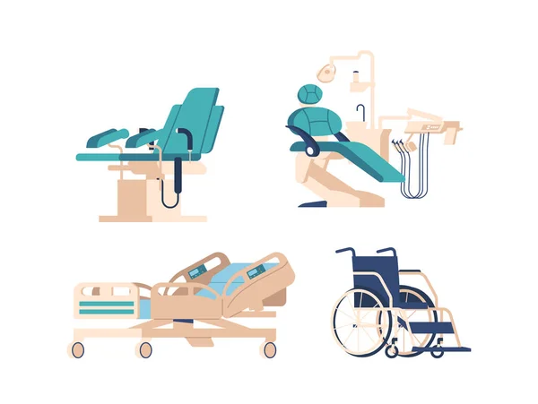 医療機器 器具一式 歯科用ソファと婦人科椅子 車椅子 ベッドクリニック 健康診断 医療用病院機器 漫画ベクターイラスト — ストックベクタ