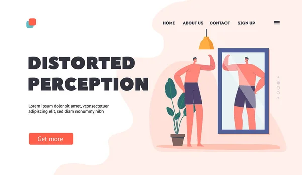 Distorted Perception Landing Page Template Skinny Man Look Mirror Reflection — Stock Vector
