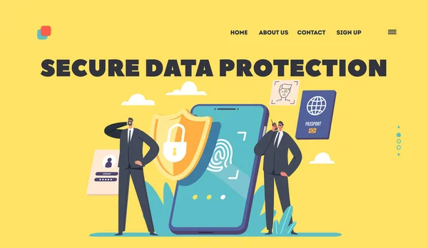 Mobile Data Protection Landing Page Sablon Smartphone Biztonsági Karakterei Ujjlenyomattal — Stock Vector