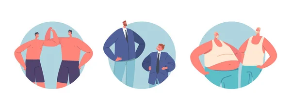 Мужские Персонажи Искаженным Восприятием Изолированные Круглые Иконы Тощие Толстые Мужчины — стоковый вектор