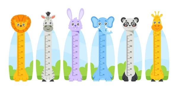 Дети Height Chart Милыми Персонажами Lion Zebra Rabbit Elephant Panda — стоковый вектор