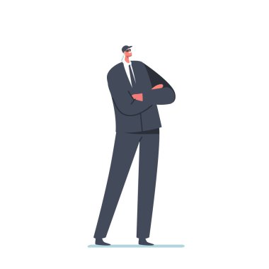 Profesyonel Güvenlik Erkek Karakteri Beyaz Arkaplanda tecrit edildi. Erkek Muhafız Siyah Takım Elbise, Kaptan, Güneş Gözlüğü ve Mikrofon Giyer. Çizgi film İnsanları Vektör İllüstrasyonu