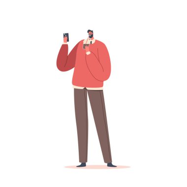 İş adamı, Smartphone 'da kahve içip mesaj okuyor. Kupa ve Cep Telefonu Ferahlatıcı Modern Erkek Karakteri, Beyaz Arkaplanda İzole Edilmiş Rahatlayın. Çizgi film İnsanları Vektör İllüstrasyonu