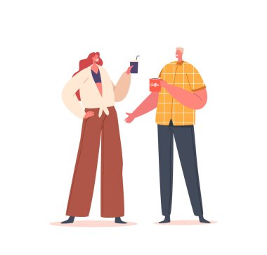 Kahve molası, öğle yemeği arası. İnsanlar konuşuyor ve kahve içiyor. Erkek ve Kadın Karakterler Arkadaşları ya da Bardaklı Meslektaşlar Beyazlar Arkasında İzole Edilmiş. Çizgi film Vektör İllüstrasyonu