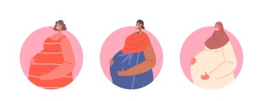 Çok Uluslu Kadınlar İzole Edilmiş Görseller ya da Beyaz Arkaplanda Yuvarlak Simgeler. Büyük Göbekli Hamile Anneler Hamilelik ve Annelik Konsepti Doğum için Hazırlanıyor. Çizgi film İnsanları Vektör İllüstrasyonu