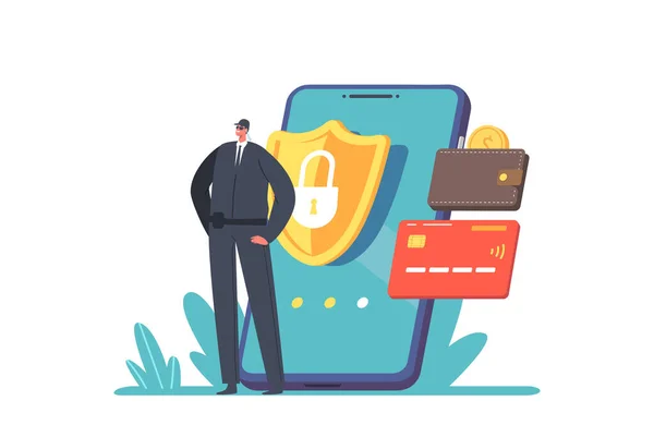 Conceito Proteção Dados Móveis Com Personagem Guarda Proteger Smartphone Com — Vetor de Stock