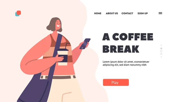 Koffie Break Landing Page Template Jonge Vrouw Lopen Met Cup — Stockvector