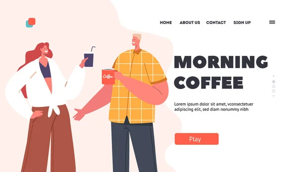Morgen Koffie Landing Pagina Template Lunch Time Office Concept Mensen — Stockvector