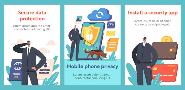 Mobile Data Protection Privacy Internet Cartoon Banners Drobné Ochranné Znaky — Stockový vektor